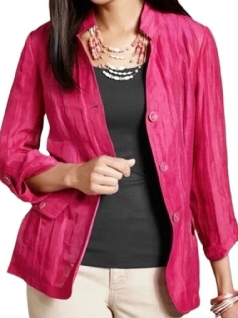 Chico’s Pink Linen Blend Jacket Blazer Size 3 XL Button Front Career Lightweight